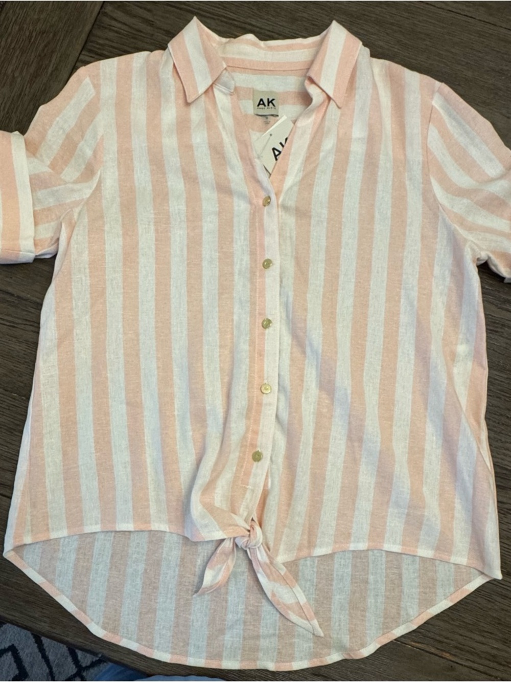 Anne Klein Pink and White Striped Tie-Front Button-Up Blouse